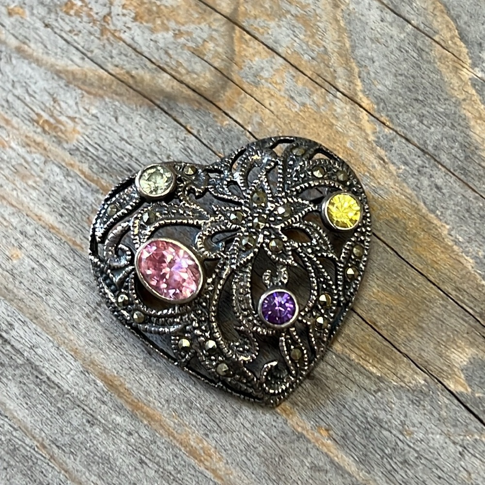 Vintage Gemstone & Marcasite Sterling Heart Brooch